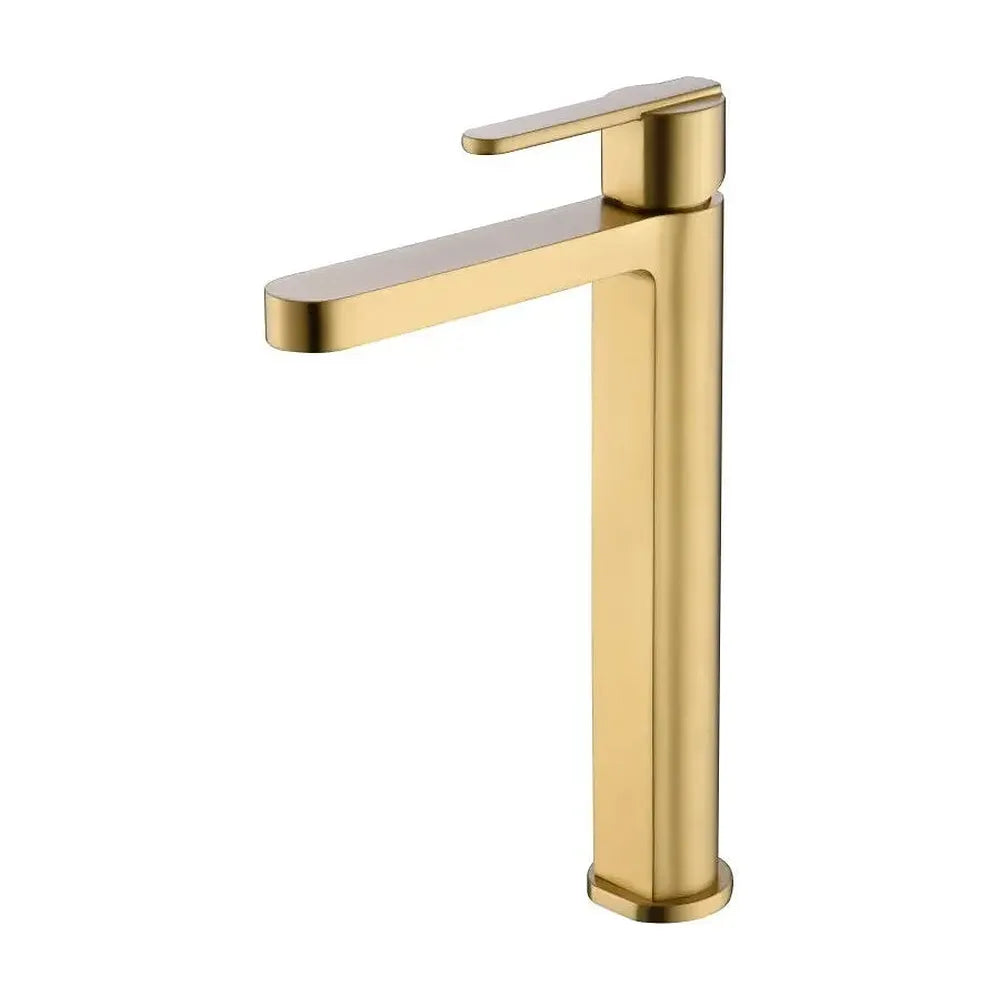 Grifo monomando de caño alto para lavabo serie Roma de IMEX en oro cepillado
