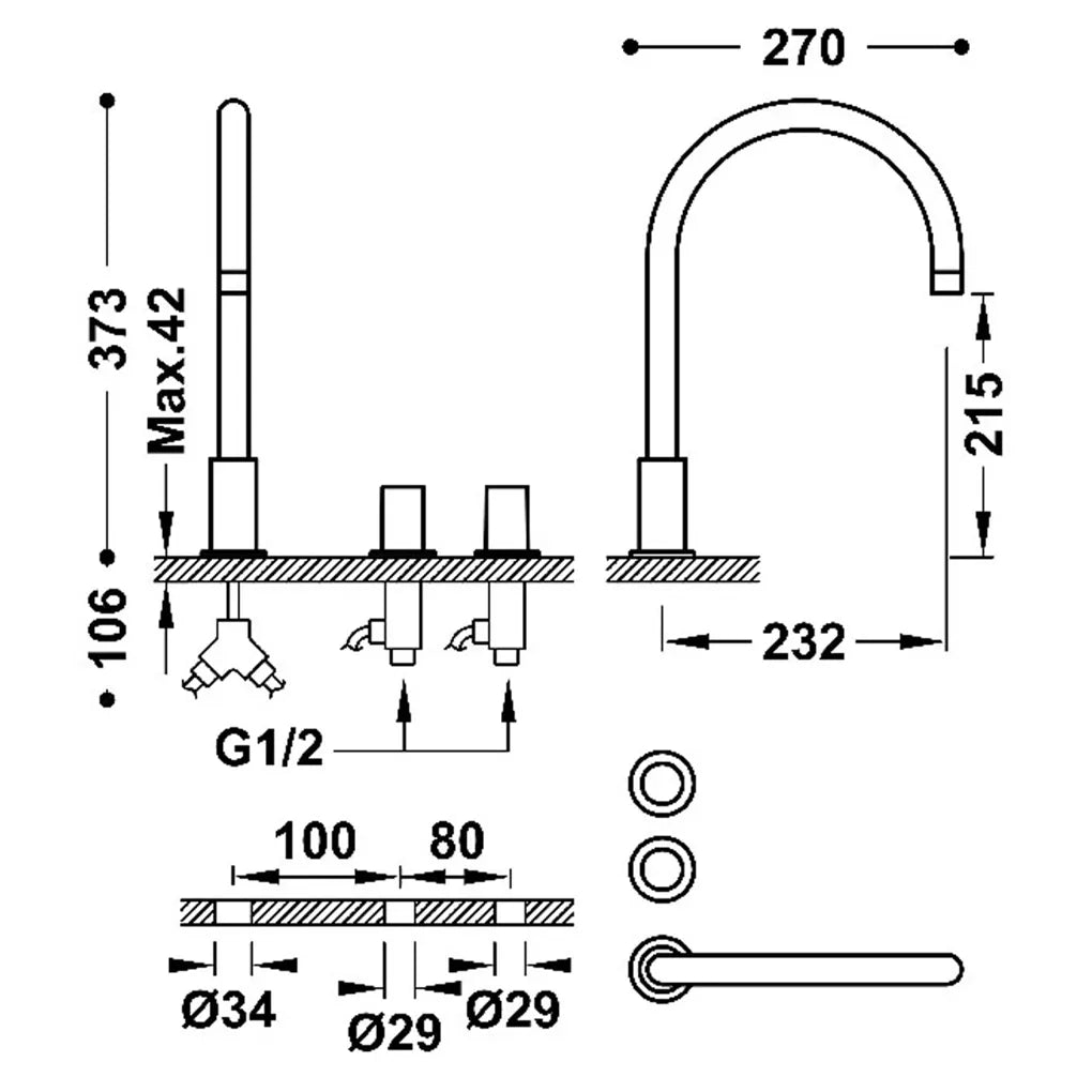 Grifo bimando de repisa para lavabo instalación libre acabado oro mate 24K Study Tres 1