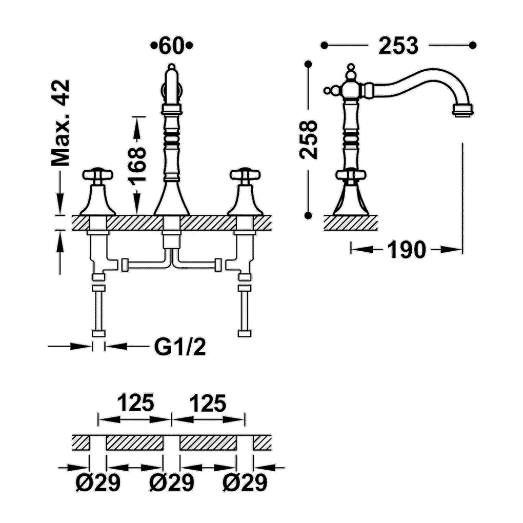 Grifo bimando vertical con acabado acero clásico para lavabo en batería CLASIC TRES 1