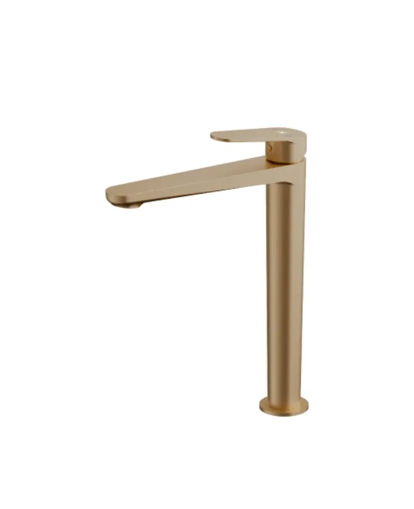 Grifo monomando alto para lavabo con cartucho cerámico y acabado oro cepillado Fine Källa 0