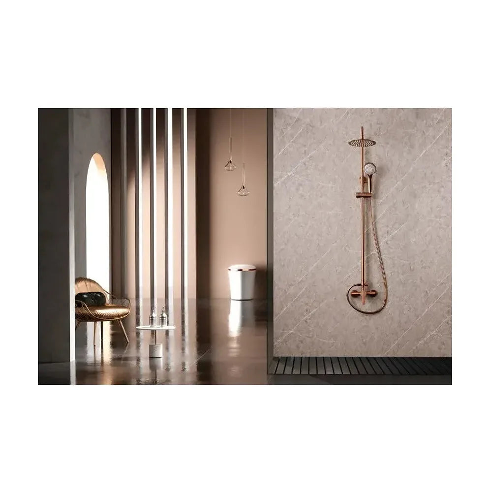 Vista lateral y perspectiva de Barra de Ducha Monomando Extensible en Acero Inoxidable con Acabado Oro Rosa Cepillado —...