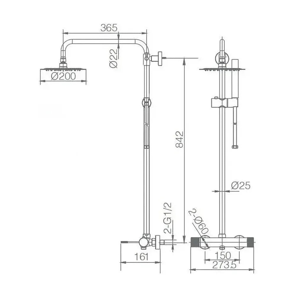 Plano de medidas y cotas técnicas de Columna de ducha monomando con un diseño moderno de acabado negro mate Line de Imex