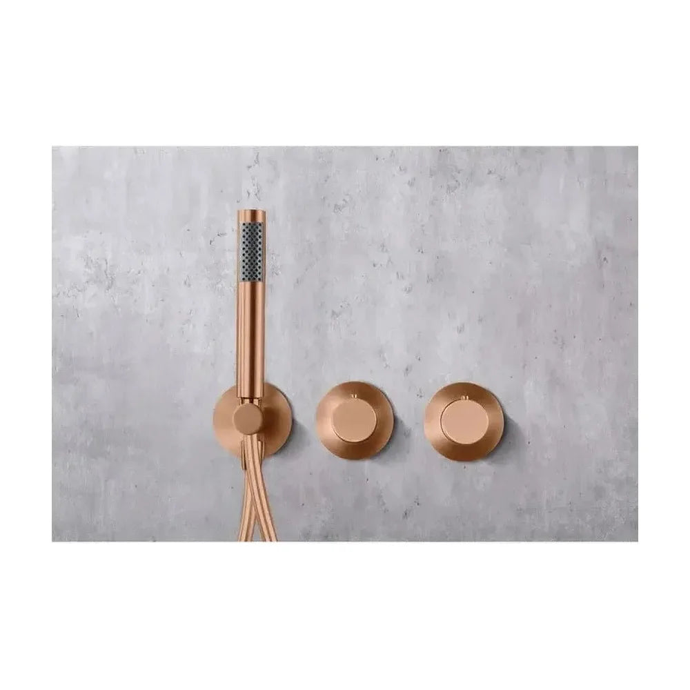 Conjunto de ducha termostático empotrado con rociador a pared o a techo acabado oro rosa cepillado assen de Imex Imex