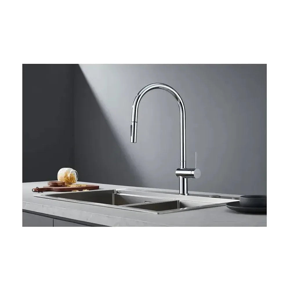 Detalle de funcionamiento de Grifo de cocina monomando extraíble con difusor doble jet de acabado cromado Berna de Imex