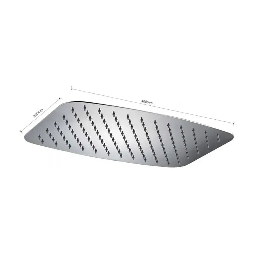 Vista lateral y perspectiva de Rociador rectangular con un diseño extraplano para ducha fabricado en acero inoxidable con...