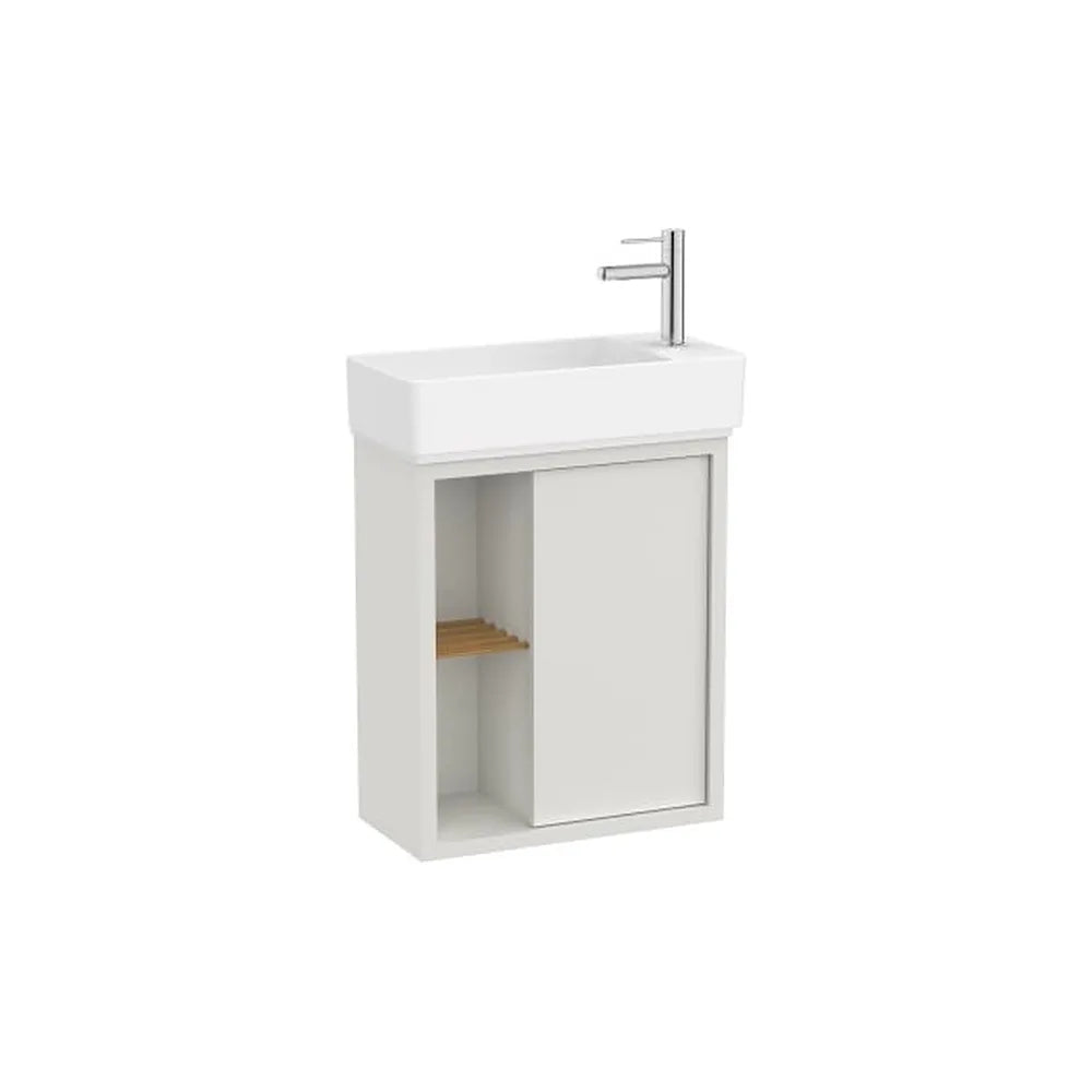 Mueble base asimétrico compacto con estante lateral abierto y lavabo suspendido 55x27x60 cm Roca - Vista 1