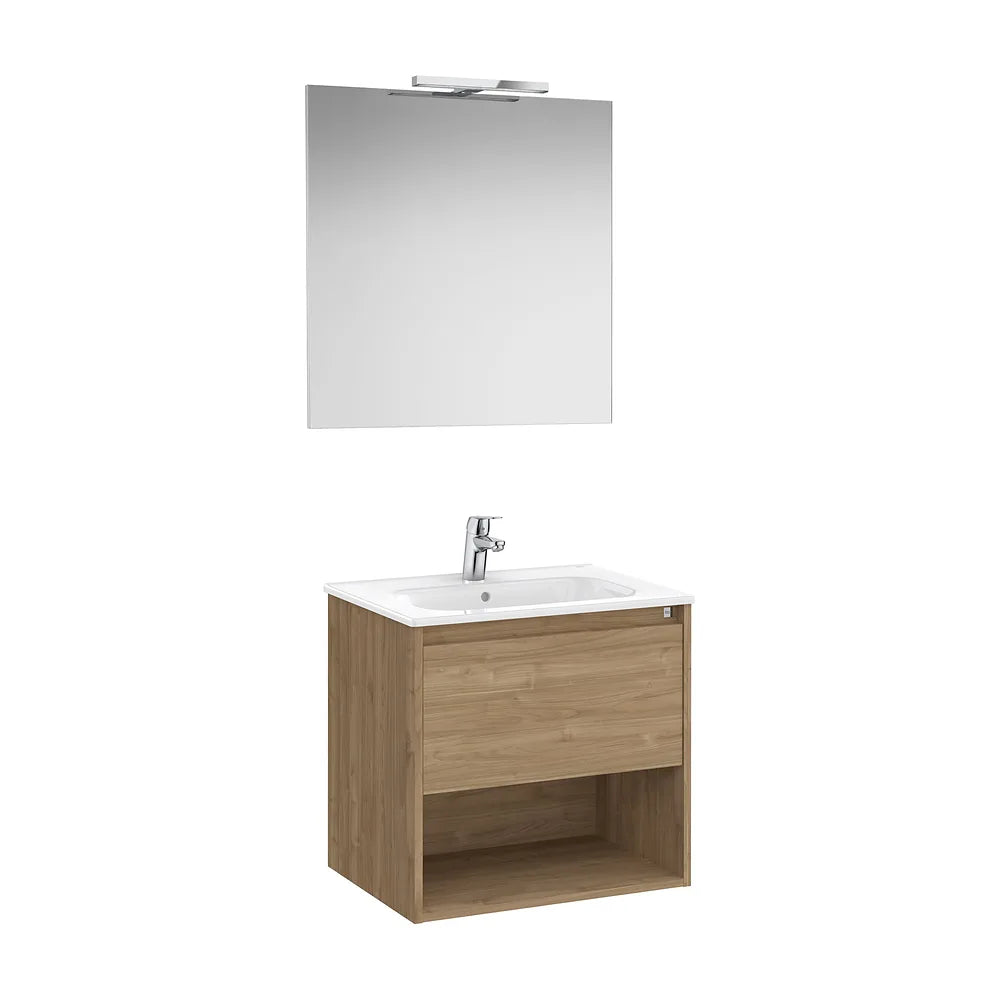 Pack mueble base con cajón estante lavabo espejo y aplique LED nogal Roca - Vista 2