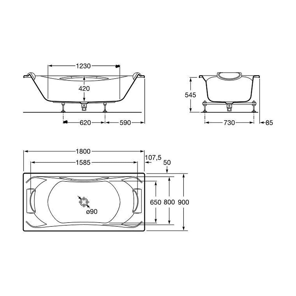 Bañera acrílica rectangular encastrada de 180x90x42 cm blanca Becool Biplaza ROCA - Vista 7