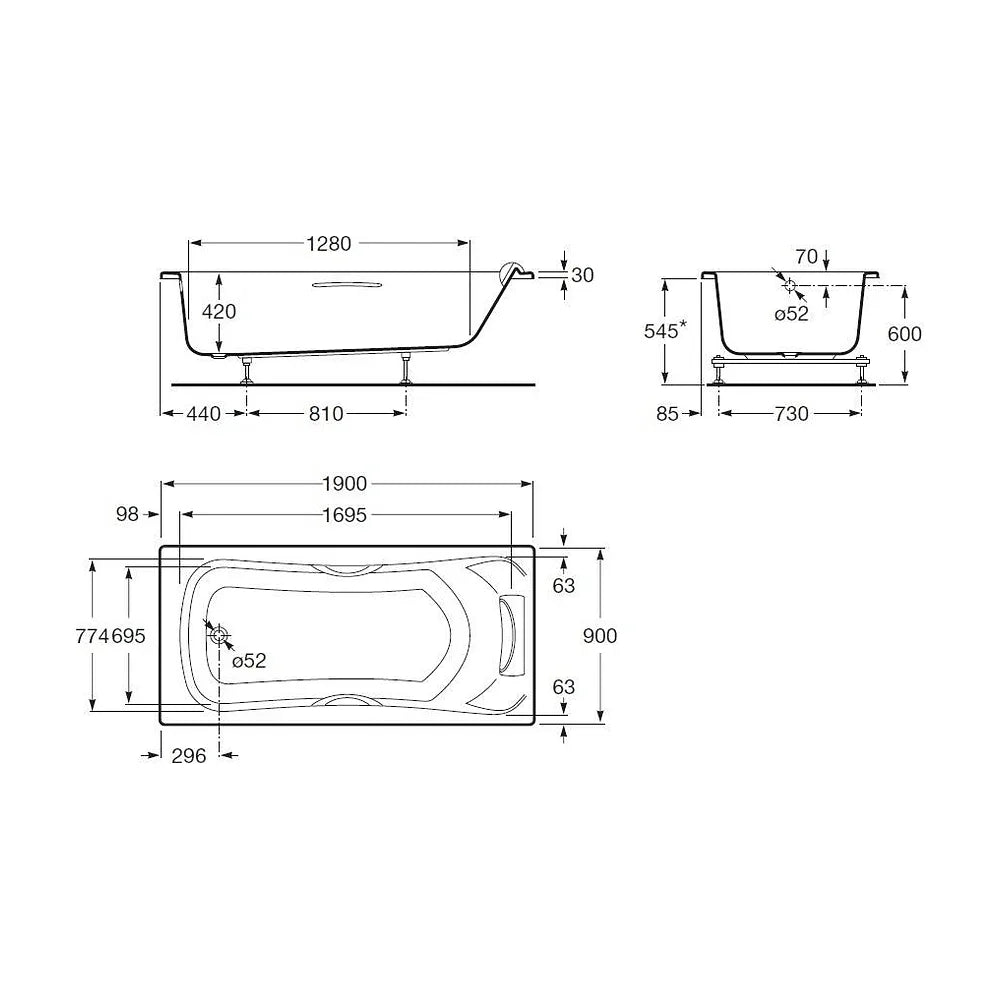Bañera rectangular con dos asas y reposacabezas de 190 cm fabricada en acrílico de color blanco Becool Roca - Vista 9