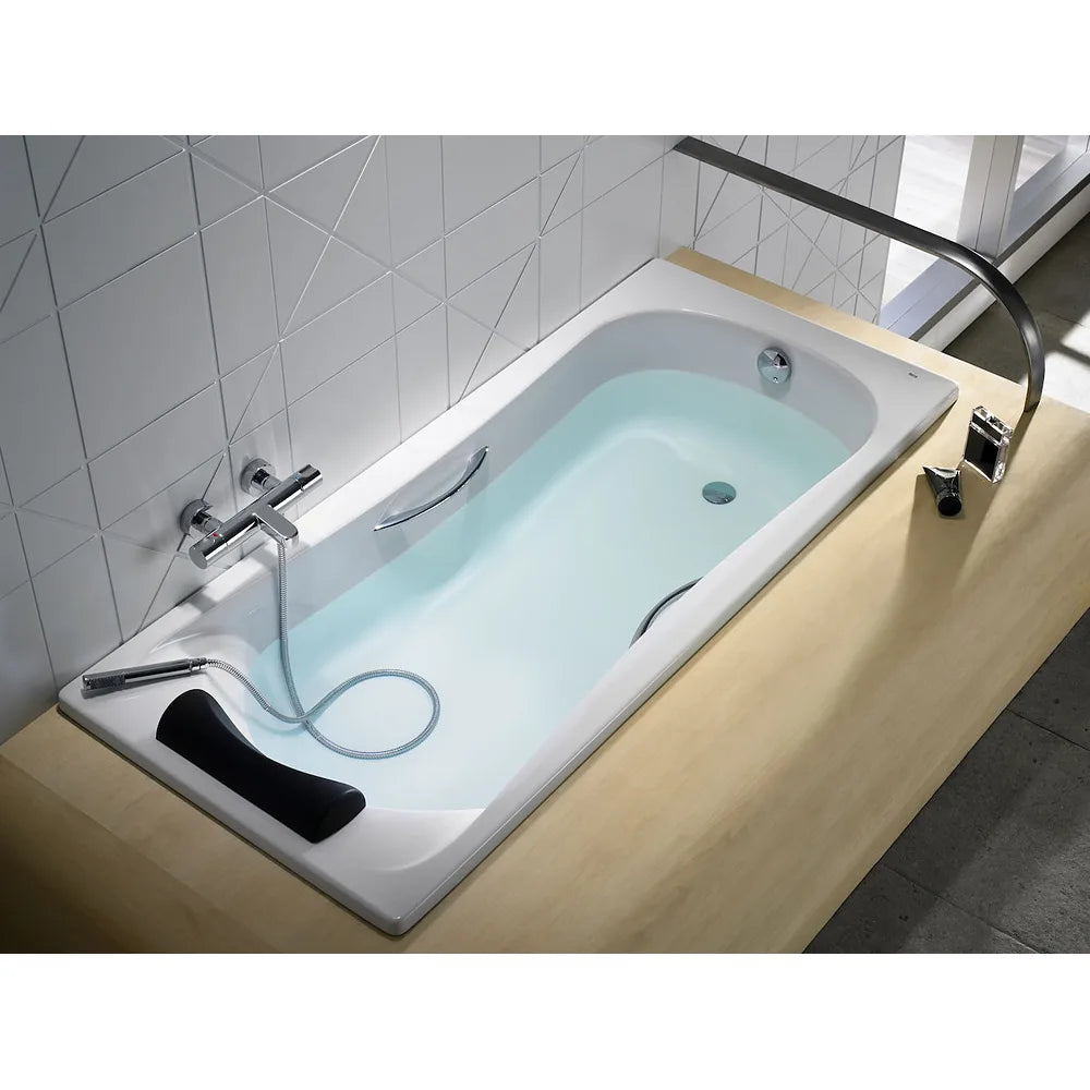 Bañera rectangular con dos asas y reposacabezas de 190 cm fabricada en acrílico de color blanco Becool Roca - Vista 5