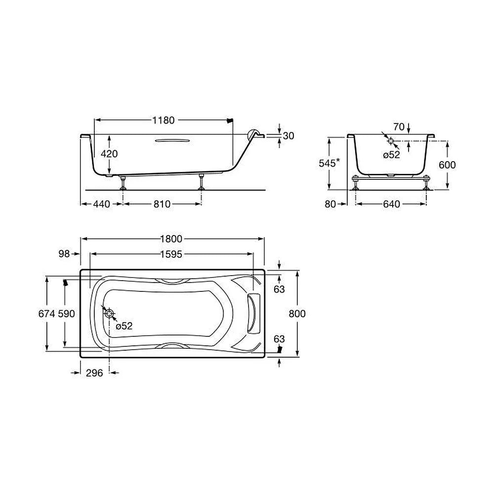 Bañera rectangular con dos asas y reposacabezas de 180 cm fabricada en acrílico de color blanco Becool Roca - Vista 9