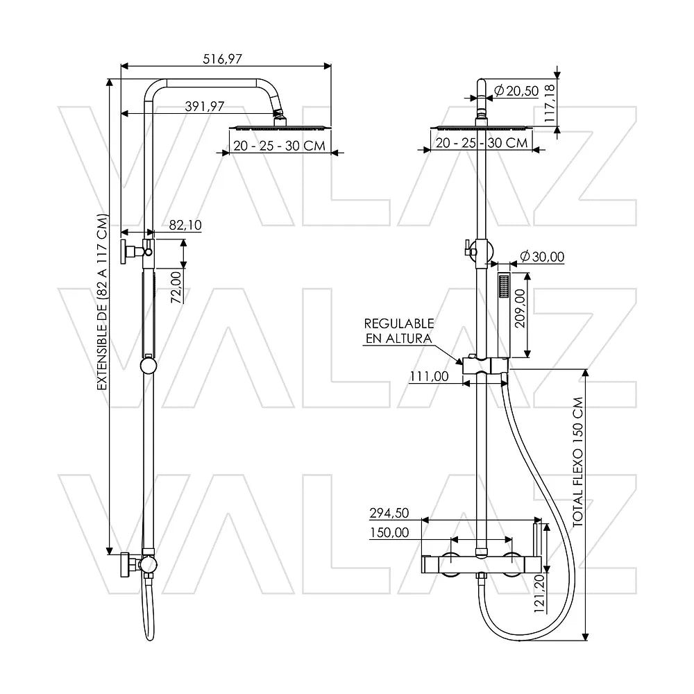 Vista principal de Barra de ducha monomando redonda ajustable de 80 a 120 cm oro mate proteccion PVD Palancia de Valaz