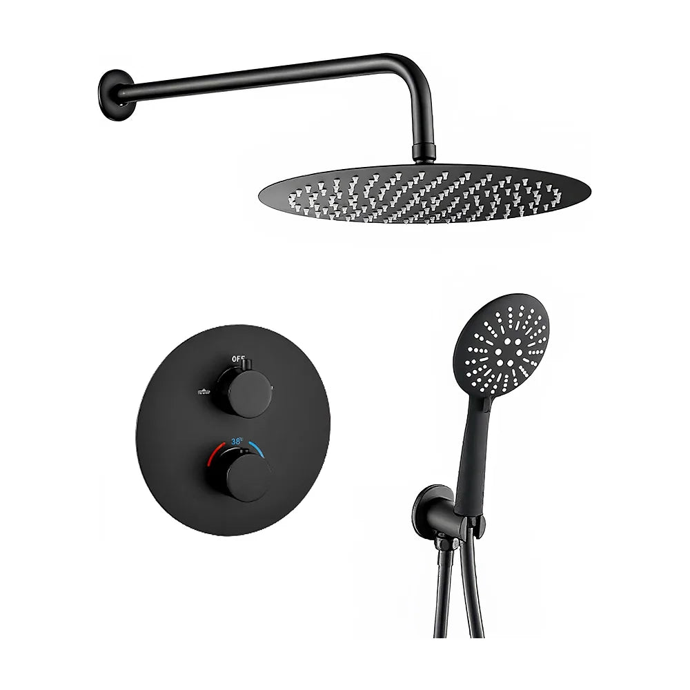 Ducha empotrada termostática a pared redonda con rociador de 25 cm en negro mate Cabriel de Valaz Valaz