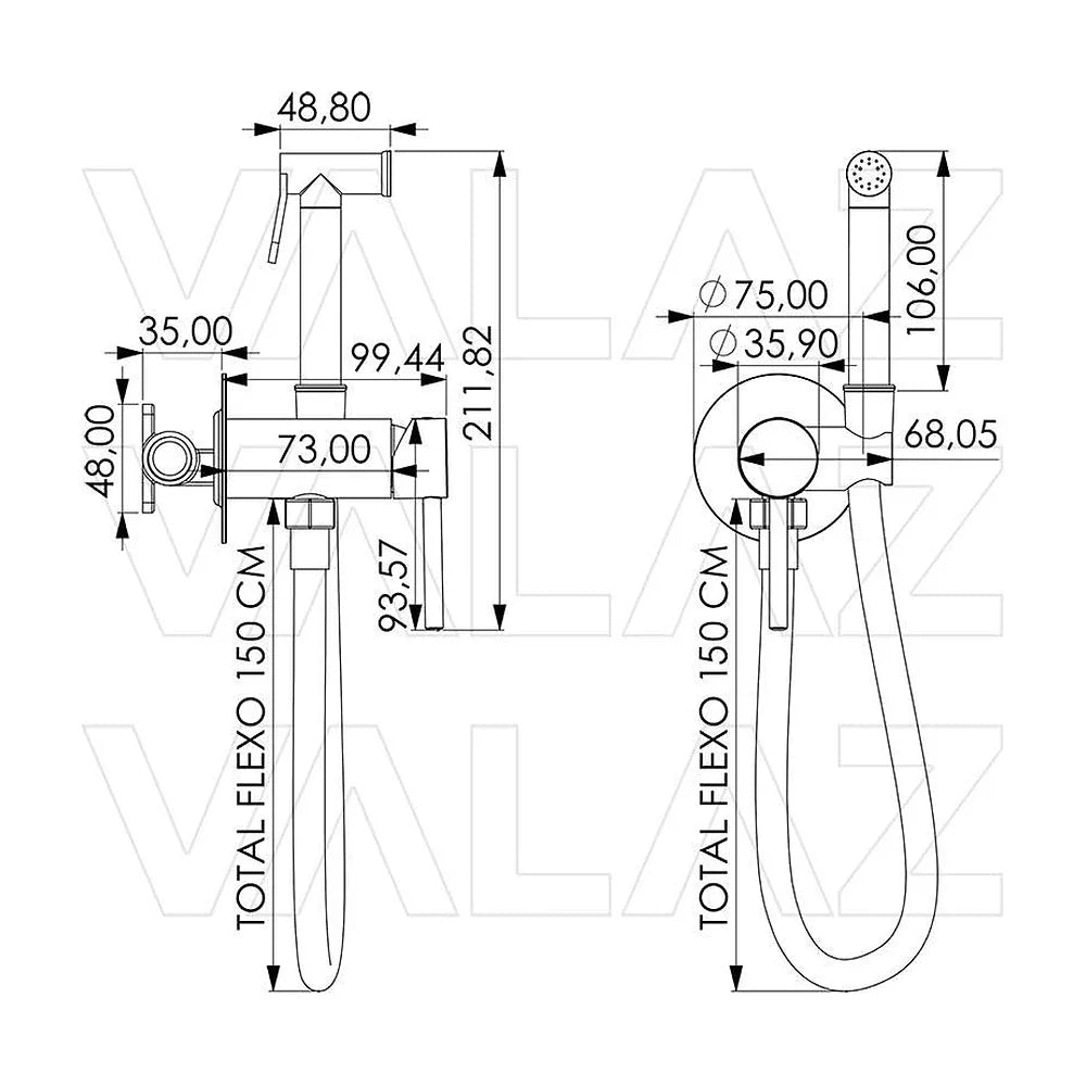 Vista lateral y perspectiva de Grifo de bidet empotrado redondo 2 vias agua fria y caliente oro mate protección PVD...