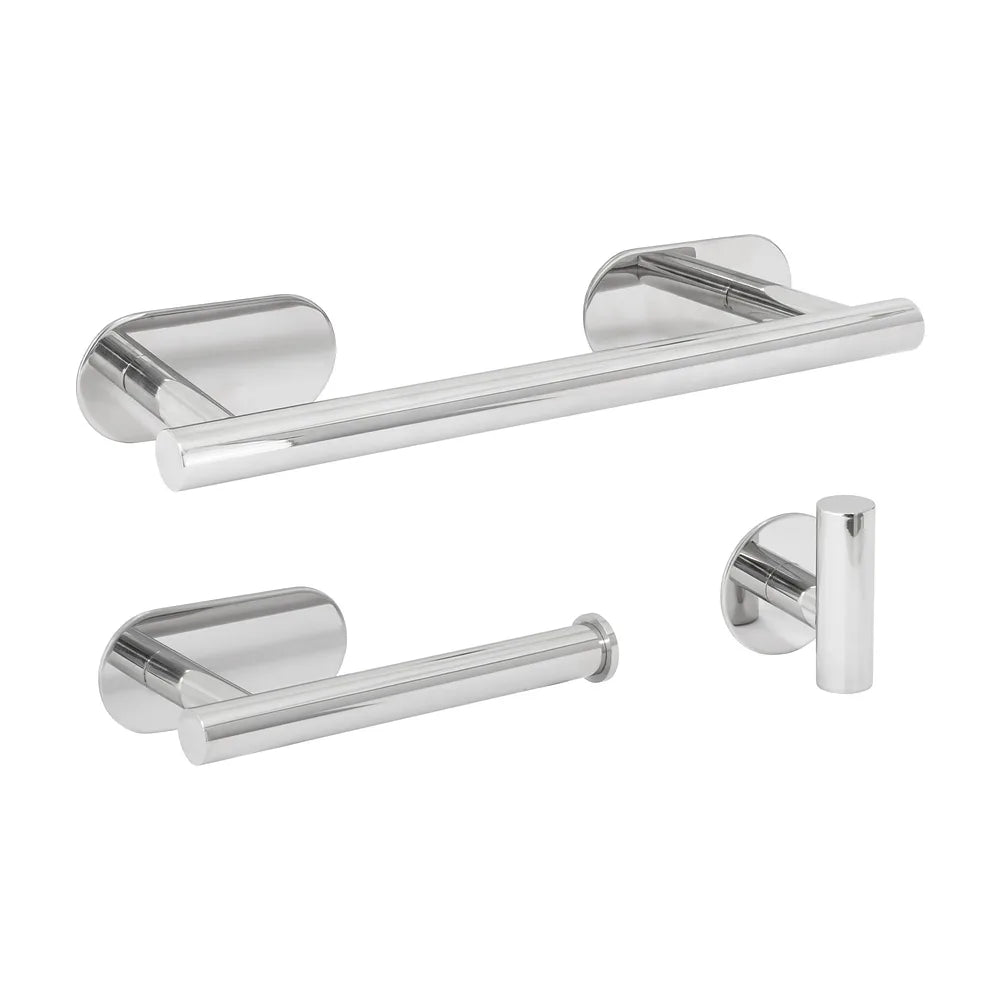 Set de Baño Adhesivo Valaz: Toallero 30 cm, Portarrollos y 3 Perchas en Cromo Brillante Valaz