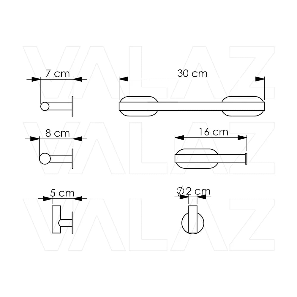 Vista principal de Set de Baño Adhesivo Valaz: Toallero 30 cm, Portarrollos y 3 Perchas en Cromo Brillante