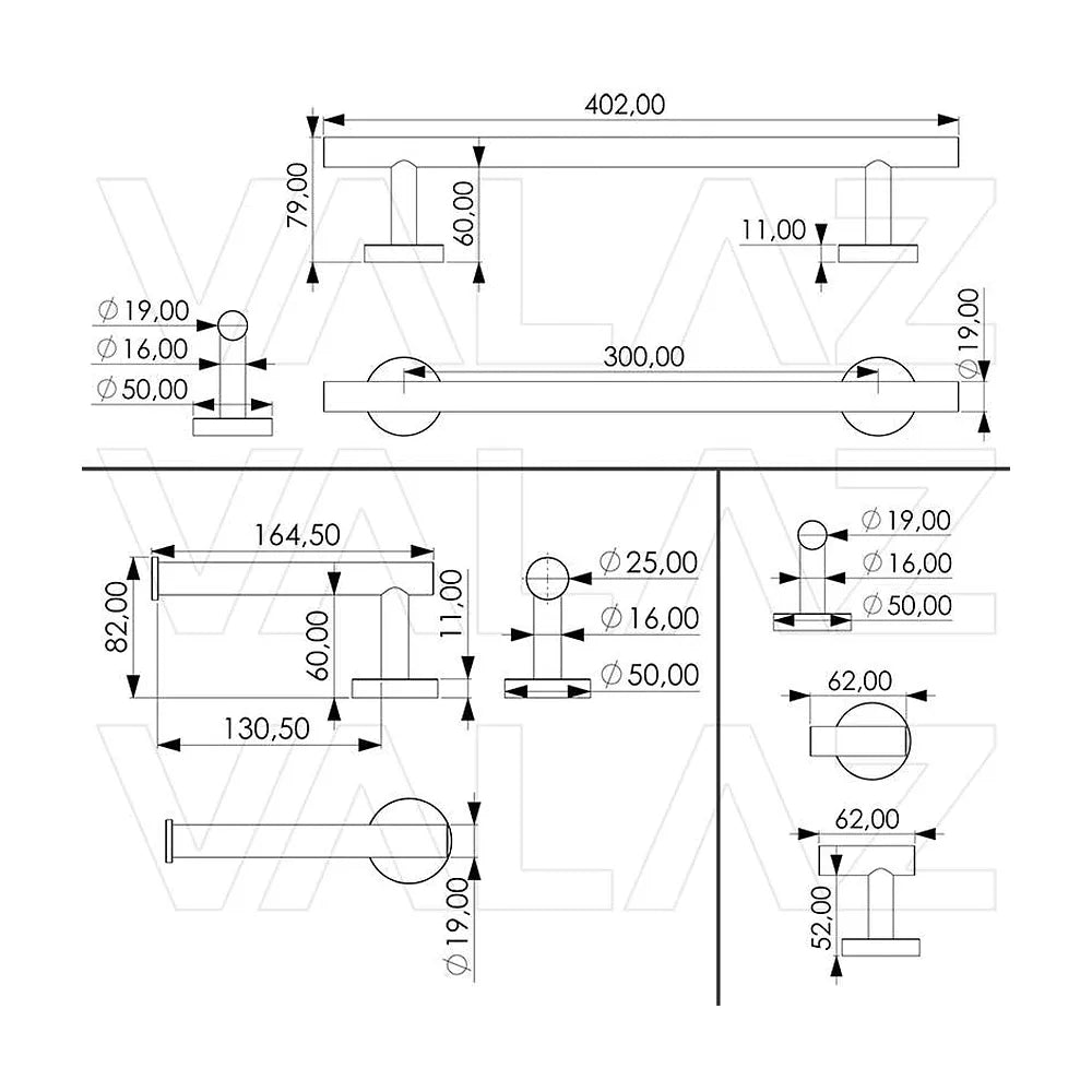 Vista principal de Set de baño Valaz en acero inoxidable cepillado: toallero 40 cm, portarrollos y percha ajustable