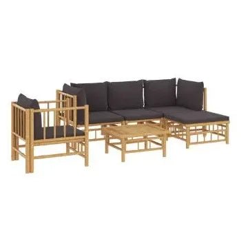 Set de sofás y silla con reposapiés con mesa para jardín de 6 piezas fabricado en bambú con cojines de vidaXL 3