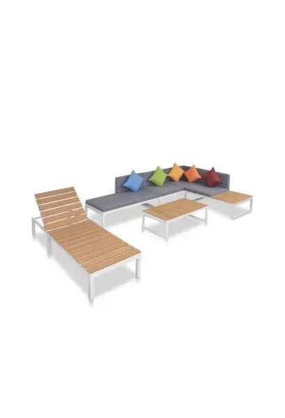 Conjunto de muebles para jardín de aluminio madera y plástico en acabado marrón blanco y gris oscuro de vidaXL