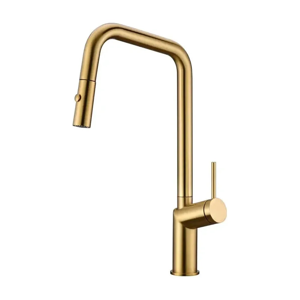 Grifo de cocina monomando extraíble con doble jet serie Bonn de IMEX en oro cepillado