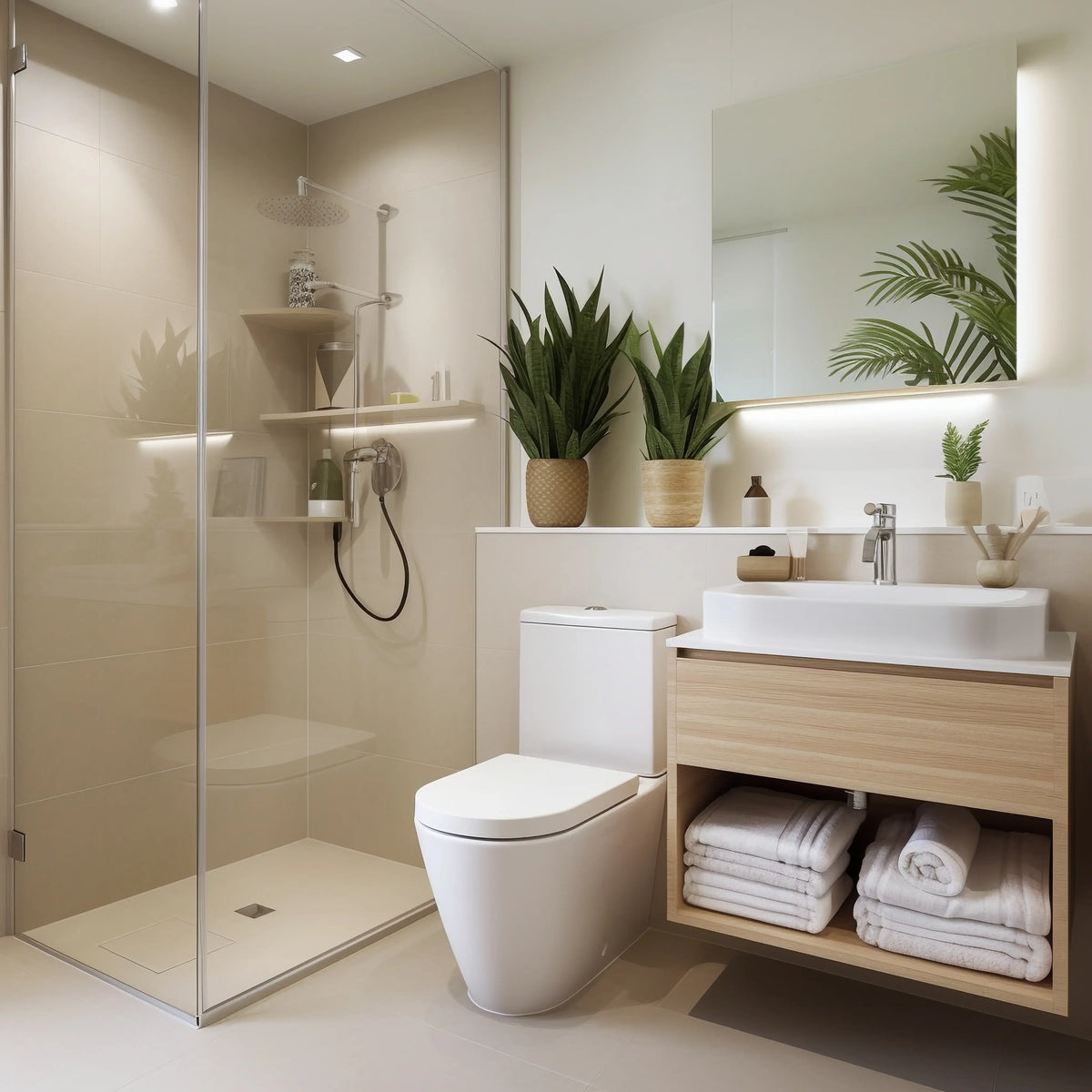 Baño moderno con lavabo, grifo cromado y espejo – MerkiMarket