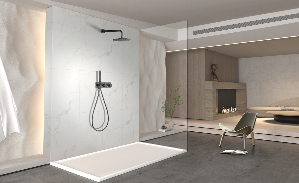 Conjunto de ducha termostático empotrado con rociador a pared o a techo acabado negro metalizado tibet de Imex 5