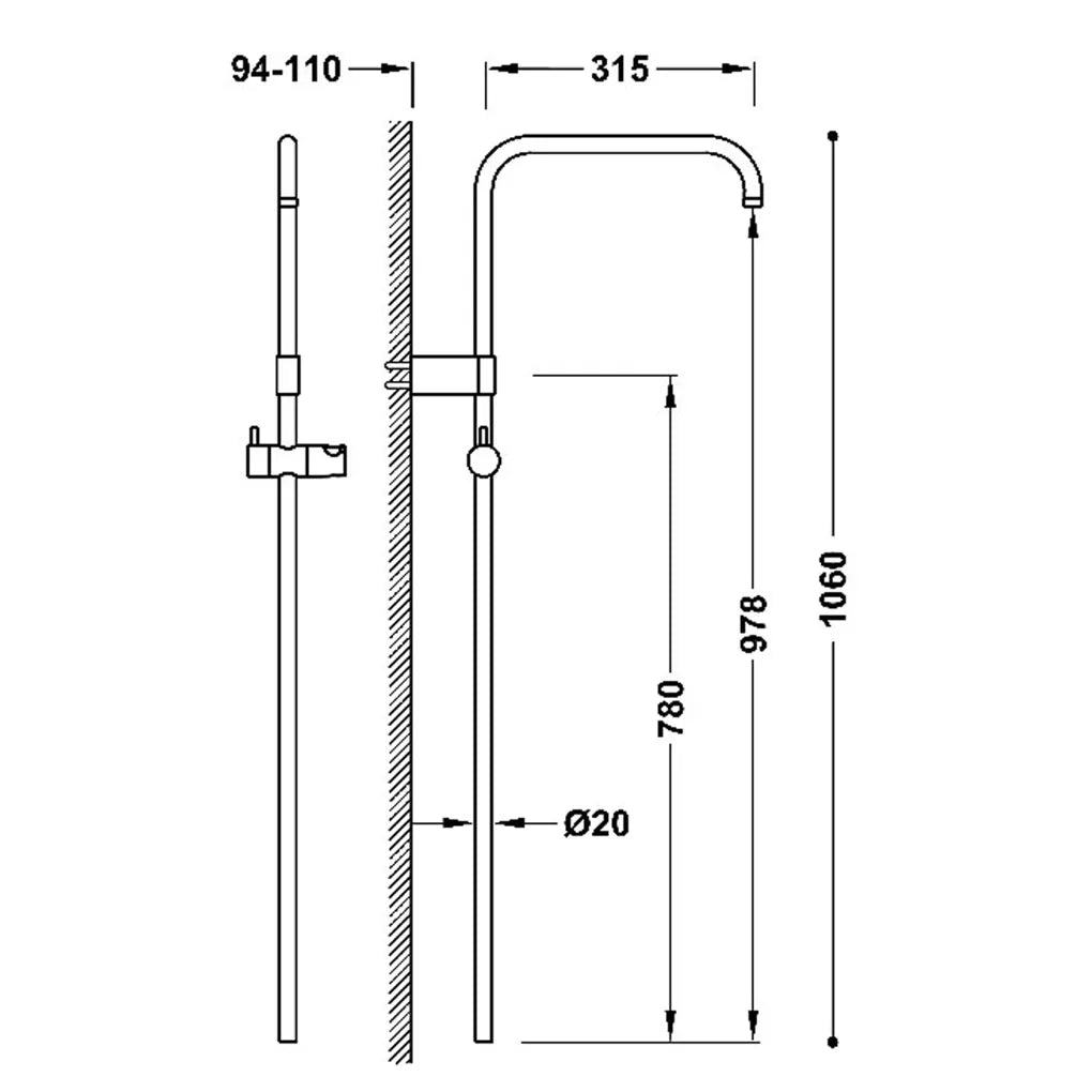 Barra de ducha acoplable a mezclador termostático de pared con terminación cromada Over-Wall de Tres 2