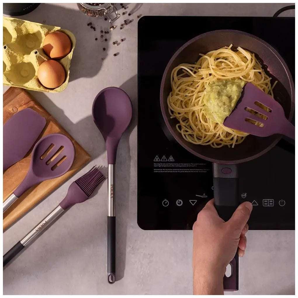 Set de Utensilios de Cocina Morados de Silicona con Mango de Acero - 9 Piezas de Cecotec 5