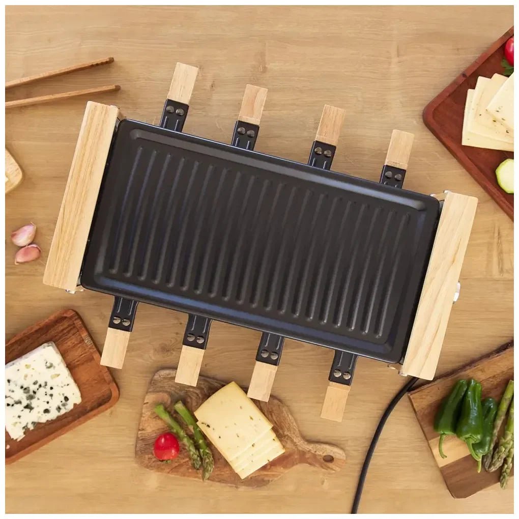 Raclette de Madera 1200W: Grill con 8 Sartenes y Termostato Regulable de Cecotec 5
