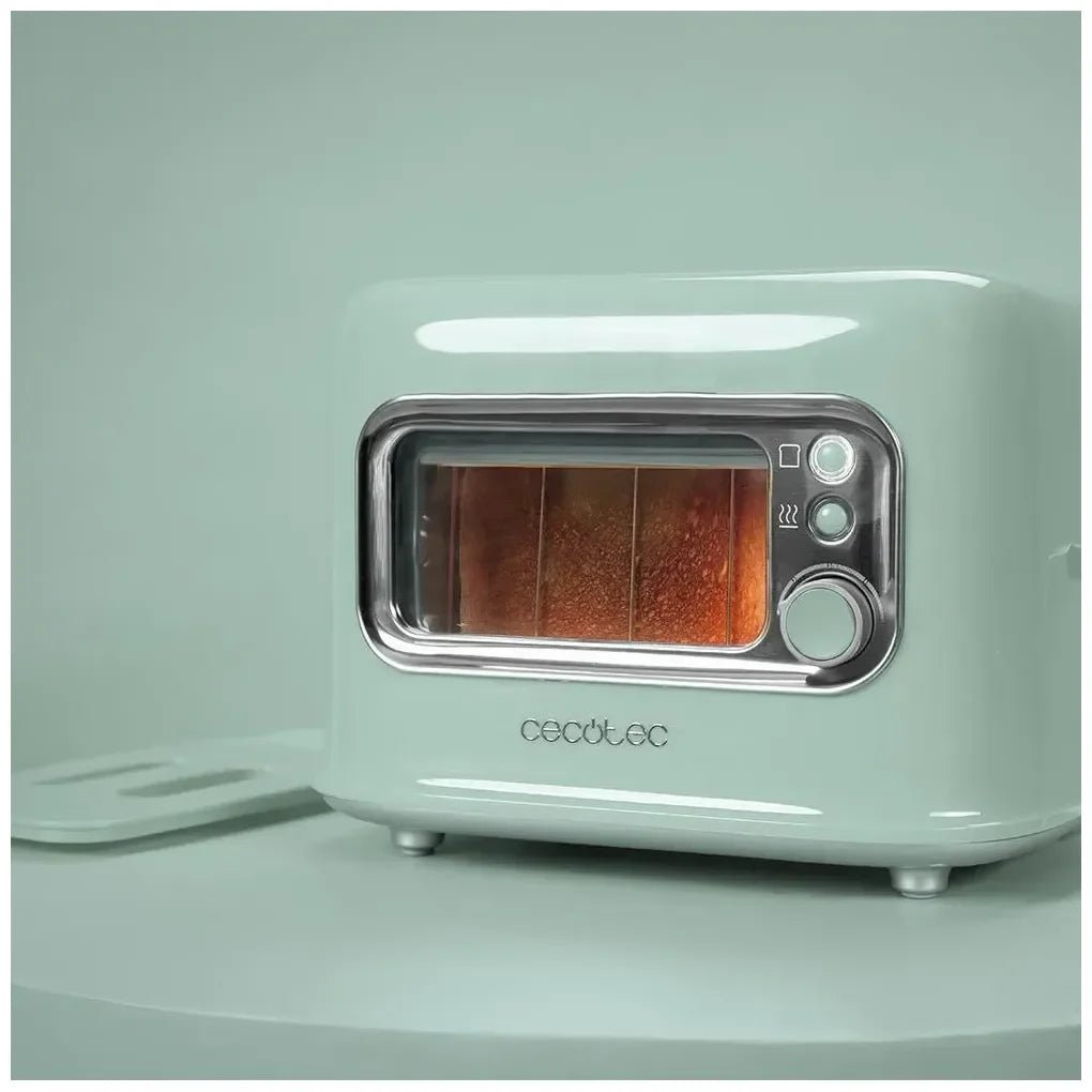 Tostadora RetroVision Green: Diseño Vintage con Ventana y Potencia Ajustable de Cecotec 7