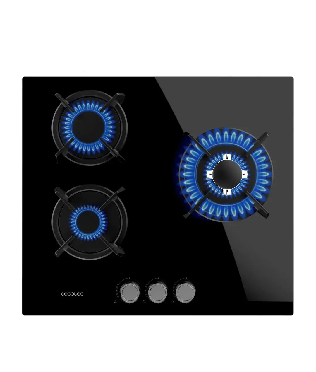 Placa de gas Bolero Squad G 3200S de cristal negro con 3 fuegos y quemador WOK potencia 625kW y seguridad de Cecotec