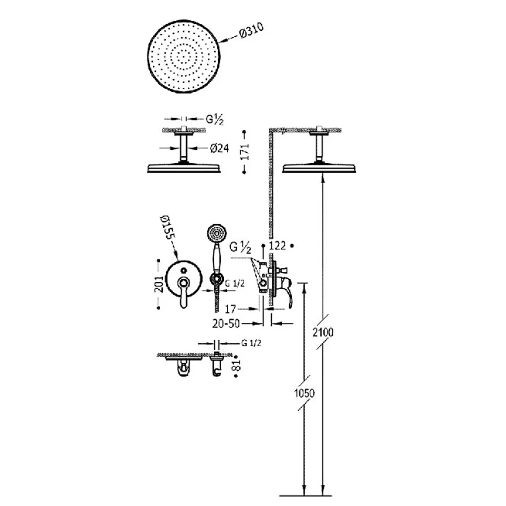 Columna de ducha monomando empotrado de vías para ducha con inversor y brazo a techo acero Tres Clasic Tres 2