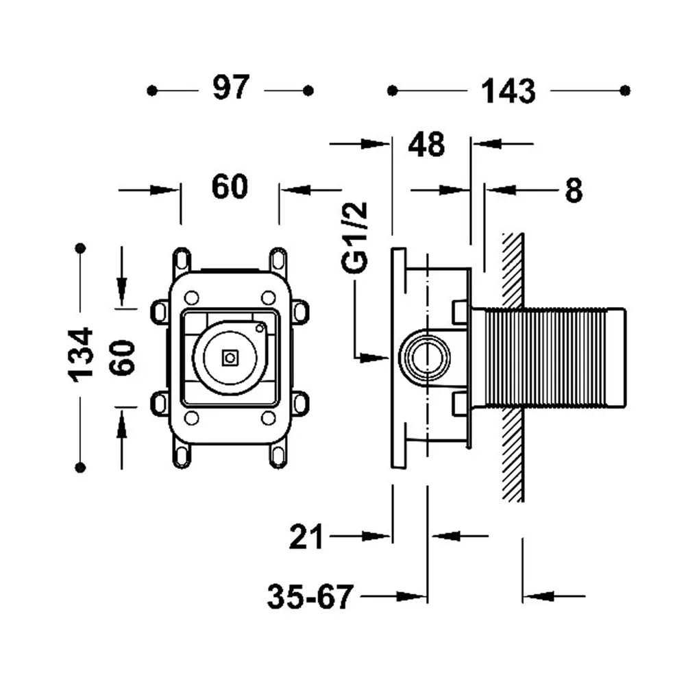 Cuerpo empotrado de una vía con grifo monomando y amortiguadores acústicos de ABS Rapid Box de Tres 2