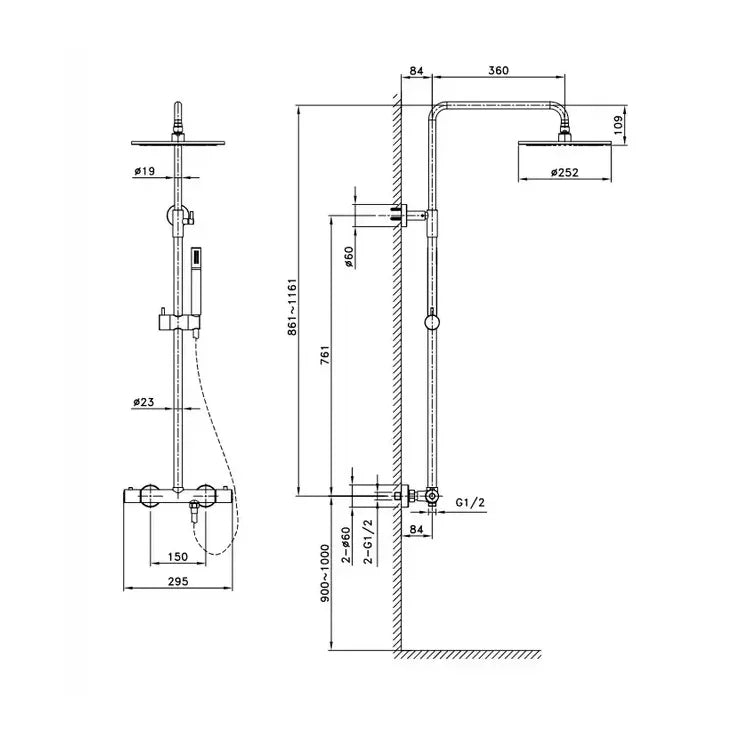 Columna de ducha termostática fabricado en latón con un acabado en color titanio Round Élite de GME 6