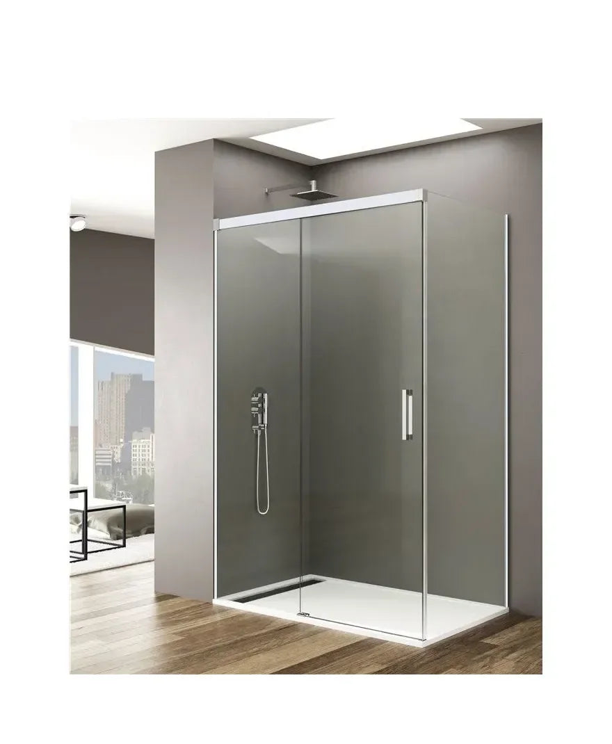 Mampara de ducha de tipo angular con puerta corredera y una fija blanco BASIC de GME