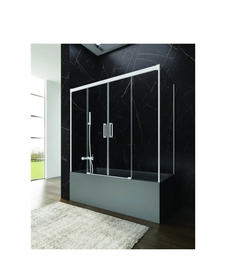 Mampara para bañera angular con tres hojas fijas dos correderas transparentes con perfiles blancos Basic de GME