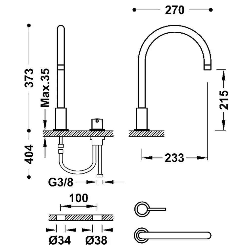 Grifo monomando de repisa para lavabo con acabado dorado de instalación libre Study Tres 2