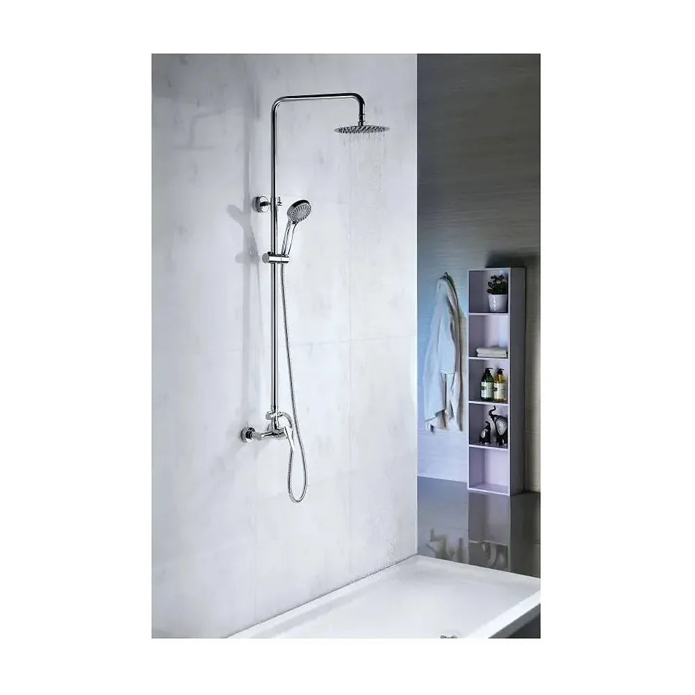 Vista lateral y perspectiva de Columna de ducha extensible 95-137 cm de acero inoxidable con rociador redondo Roma de Imex