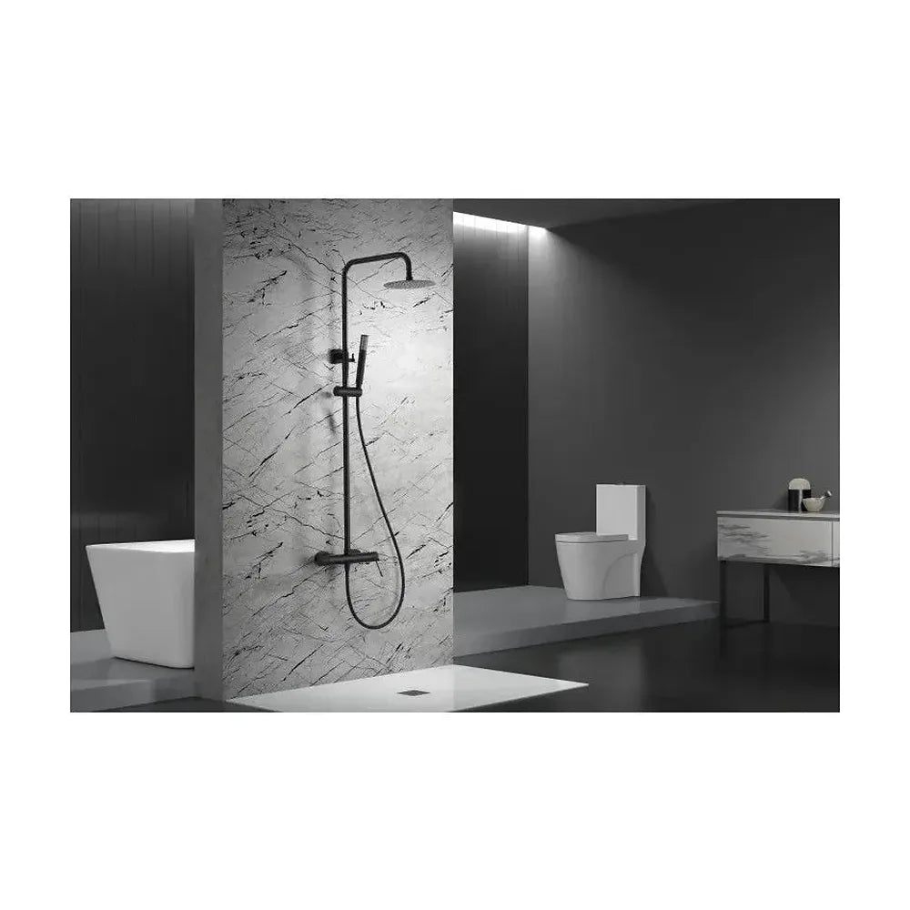 Vista trasera o instalación de Columna de ducha monomando con un diseño moderno de acabado negro mate Line de Imex