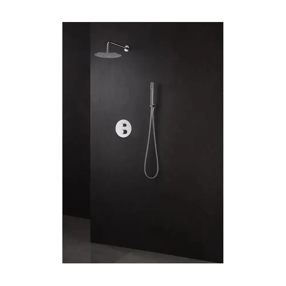 Detalle de funcionamiento de Conjunto de ducha termostática con un diseño empotrado de acabado cromado Line de Imex