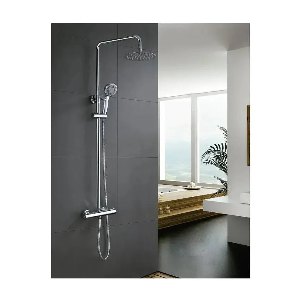 Vista lateral y perspectiva de Conjunto de ducha termostática para pared de diseño moderno con un acabado cromado Kent de...
