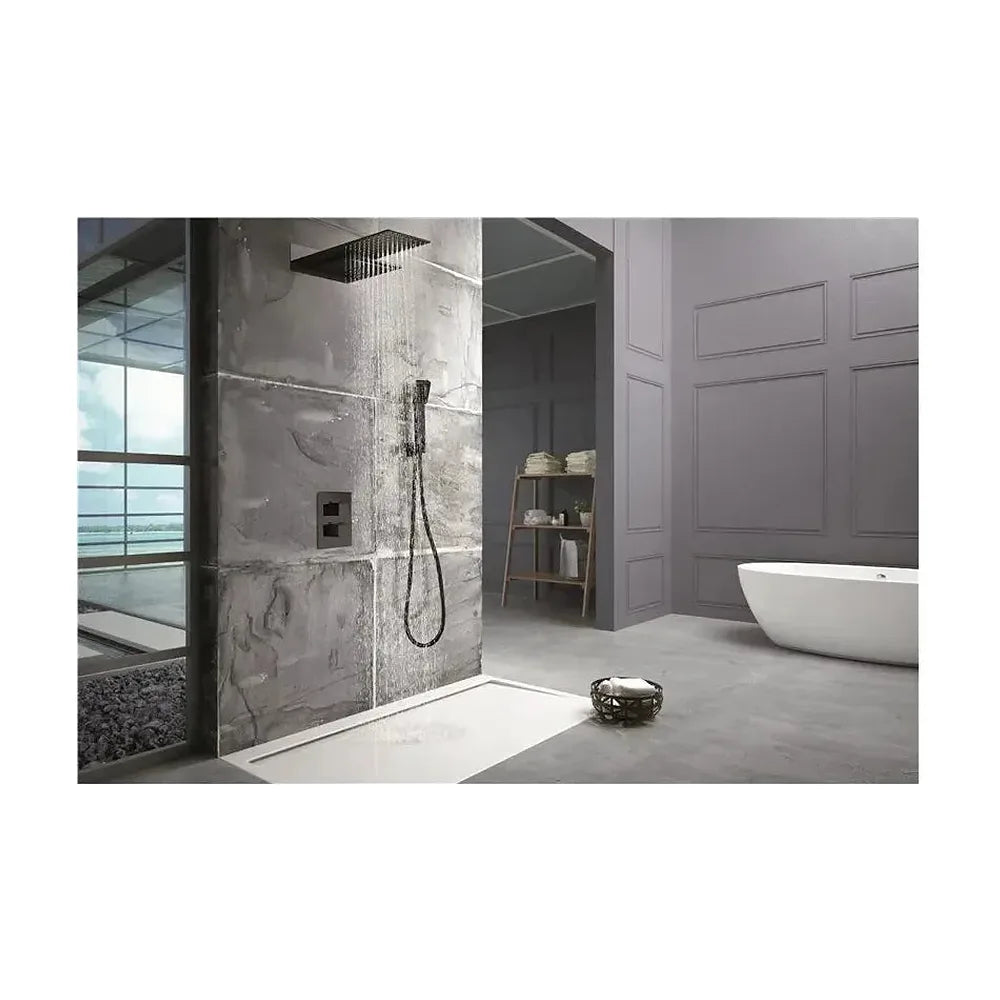 Vista principal de Conjunto para ducha con una grifería fabricada en latón de diseño moderno en color negro mate ime...