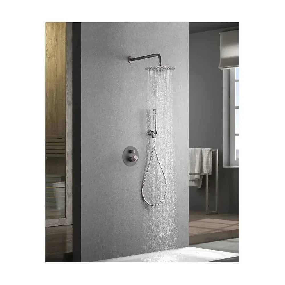 Detalle de funcionamiento de Conjunto para ducha de diseño empotrado con un acabado gris mate y champagne Line de Imex