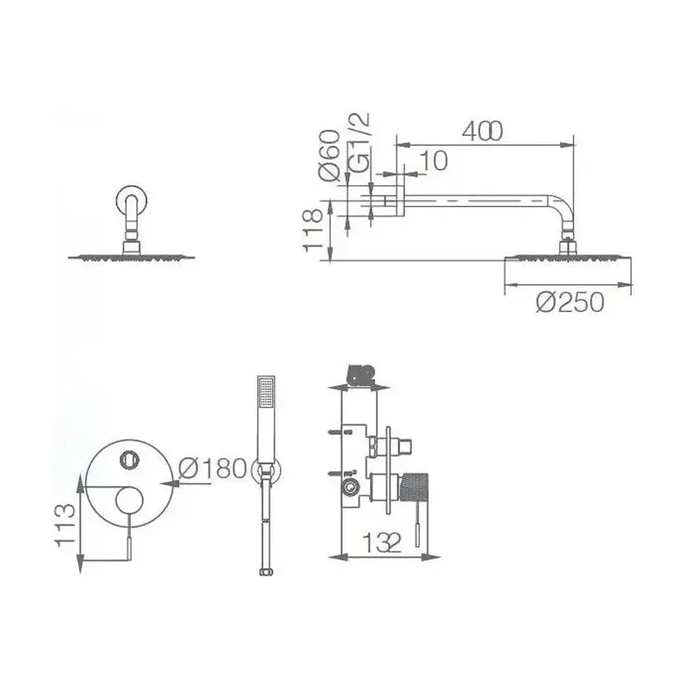 Plano de medidas y cotas técnicas de Conjunto para ducha de pared con un diseño empotrado de acabado negro mate Line de Imex