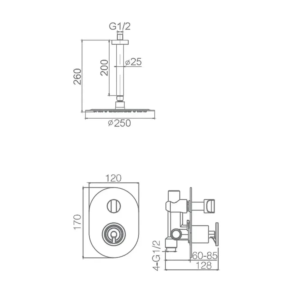Vista lateral y perspectiva de Conjunto para ducha de pared con un diseño moderno de acabado cromado vesubio Olimpo de Imex