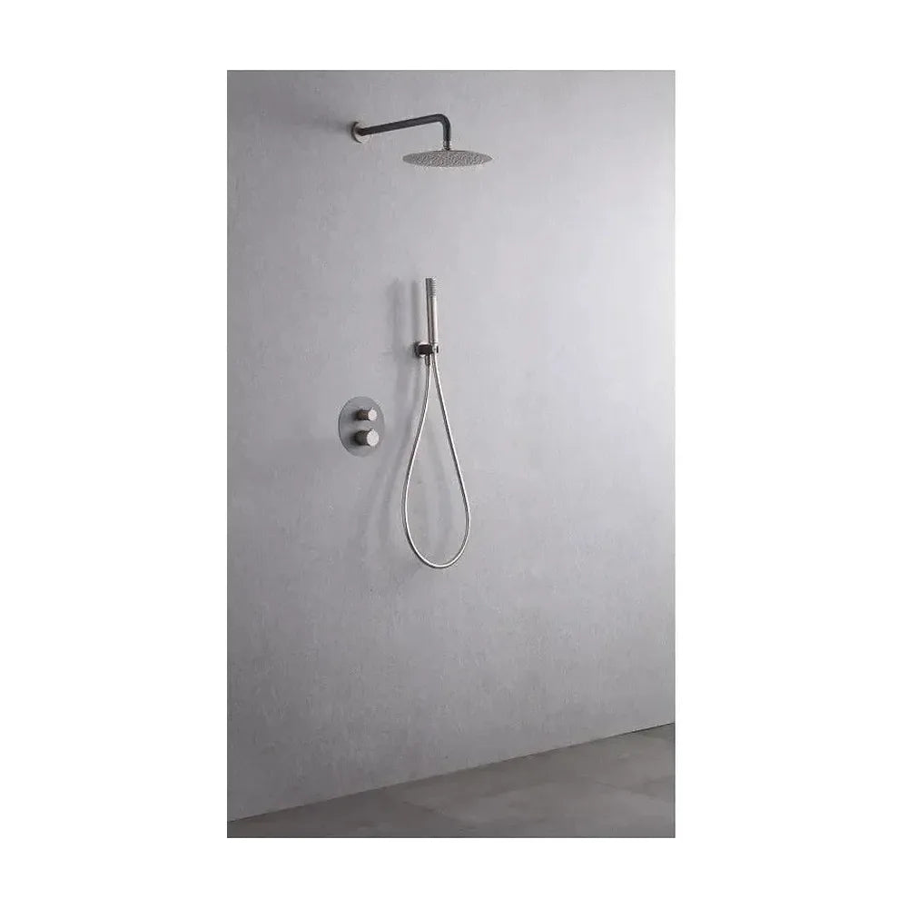 Detalle de funcionamiento de Conjunto para ducha termostática empotrado de acabado gris mate y champagne Line de Imex
