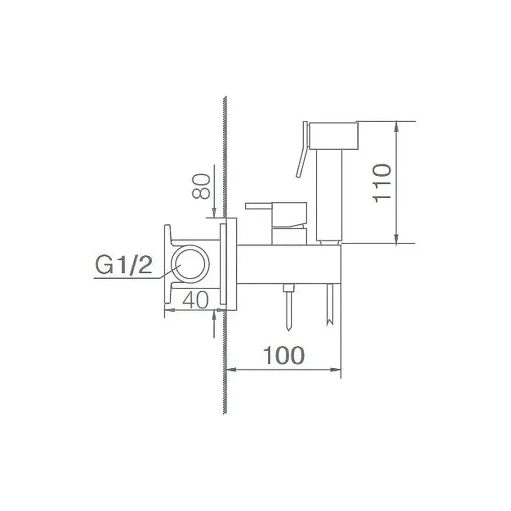 Plano de medidas y cotas técnicas de Ducha higiénica para pared con un grifo monomando de diseño moderno Irlanda de Imex