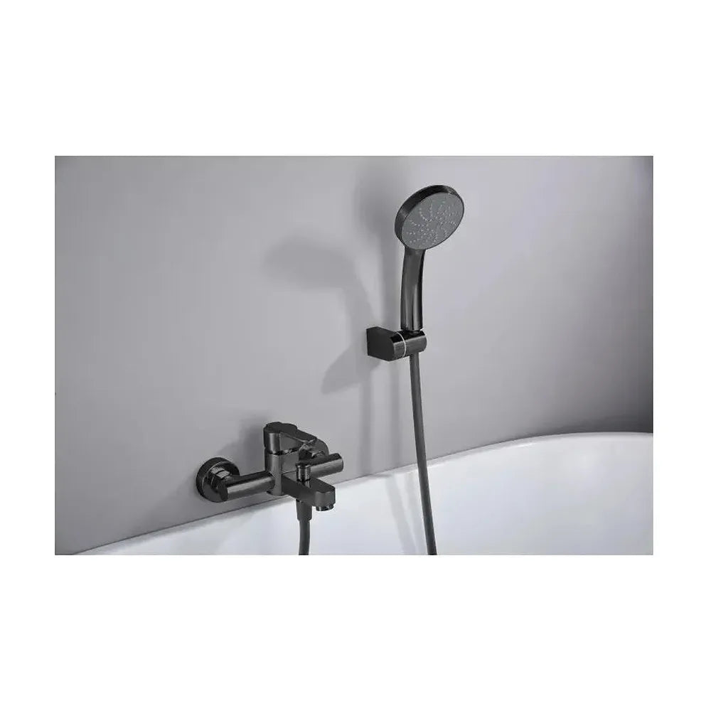 Vista lateral y perspectiva de Grifería monomando para bañera y ducha hecha de latón con acabado negro mate Roma de Imex