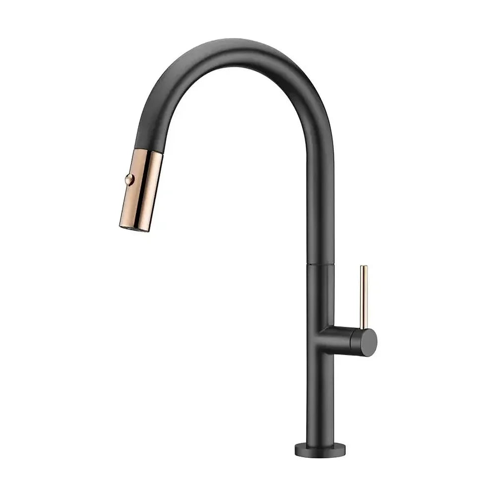 Grifo de cocina monomando de caño alto fabricado en latón negro mate y oro rosa Samoa de Imex Imex