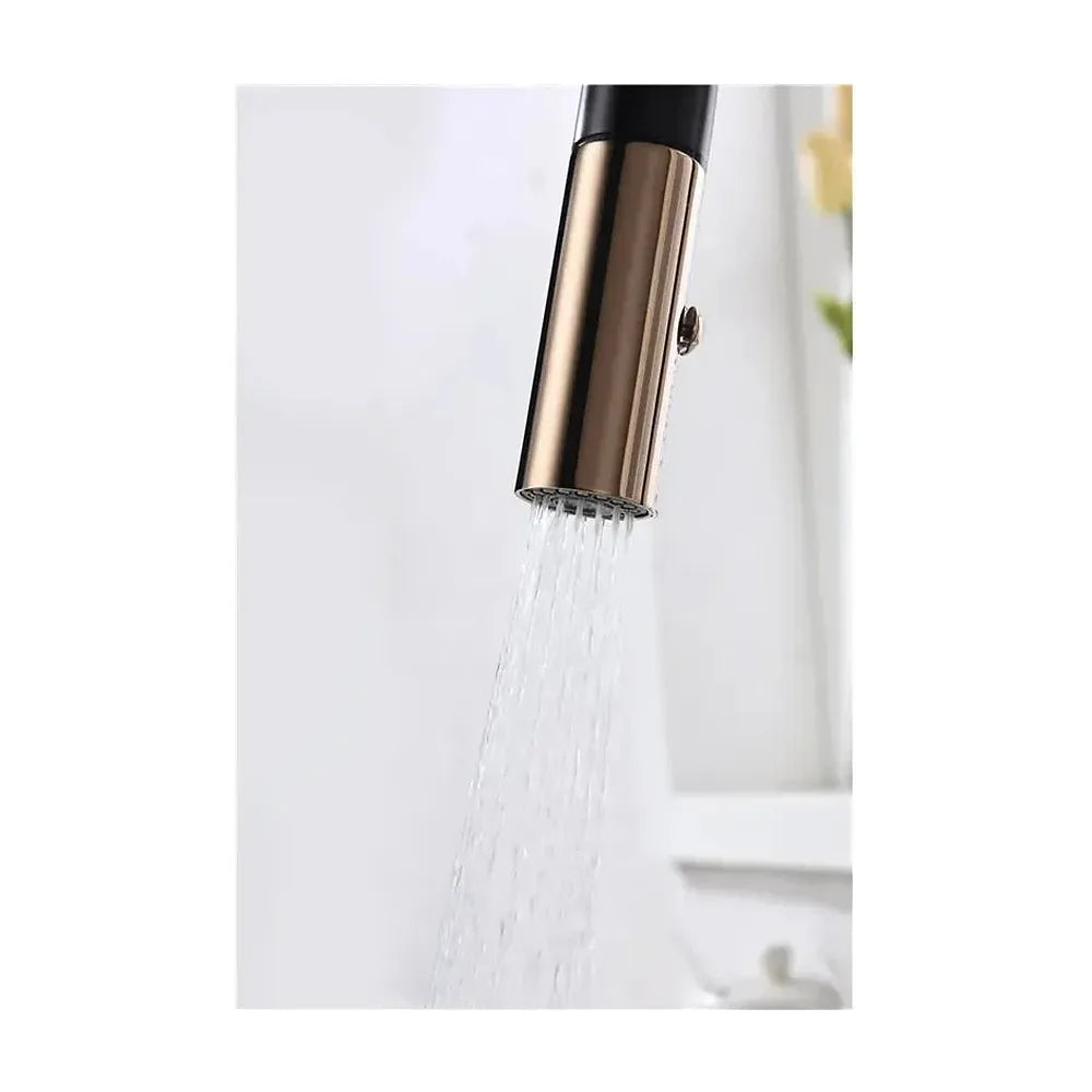 Detalle de funcionamiento de Grifo de cocina monomando de caño alto fabricado en latón negro mate y oro rosa Samoa de Imex